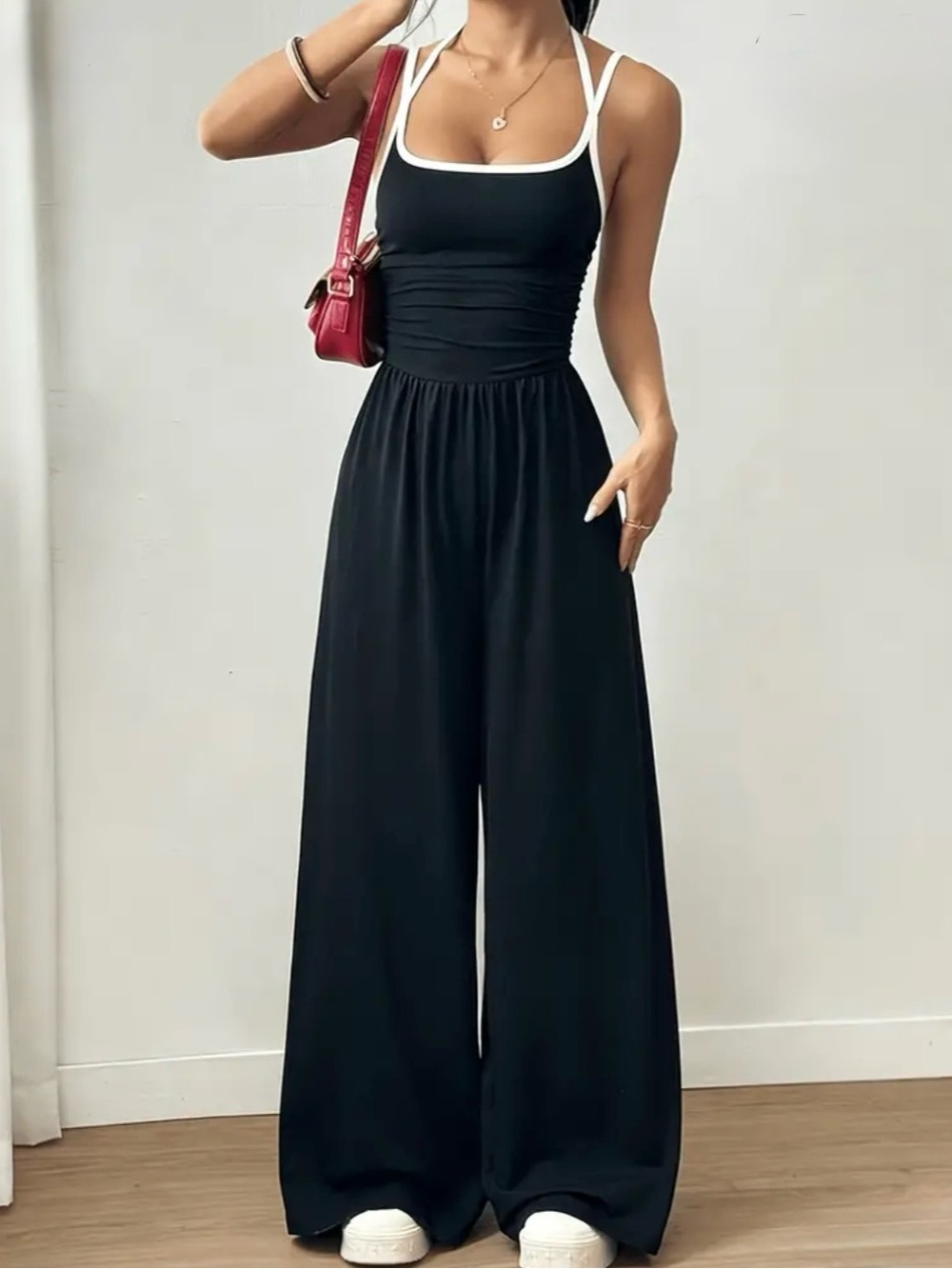 Brand New Stunning Women's Black Wide-Leg Jumpsuit with White Trim